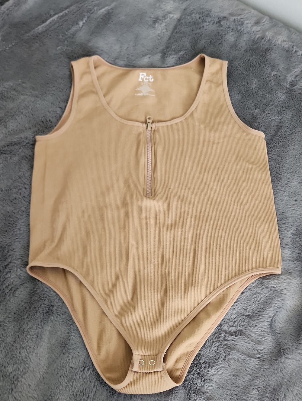 Ribbed Zip-Front Bodysuit in Tan